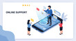 © Tithi - Online customer support concept features a technician appearing as a hologram from a smartphone to assist users with their mobile devices.
