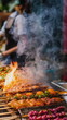 © Ackbara Studio - Grilled skewers steaming over open flame at street food market, creating delicious smoky barbecue atmosphere with vibrant culinary energy beautifully.