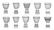 © Anik - Detailed collection of ten different djembe drums with various intricate tribal patterns and designs for African music and cultural themes.