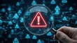 © Pinit - A magnifying glass reveals a red warning symbol within a digital network of blue icons.