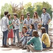 © Xme - Group of diverse friends gathering together outdoors in a sketch illustration.