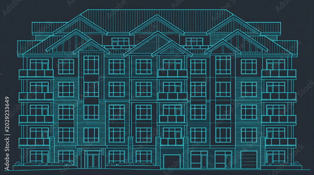 Single Icon Multi Family Residential Building Elevation CAD Blueprint ...