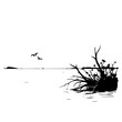 © Sarfaraz - Serene coastal mangrove silhouette with sea and flying birds at sunset, vector illustration of tropical landscape