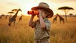 © Vadym - Young child in safari outfit wears hat and binoculars observing giraffes in savanna at sunset. Kid explores wildlife, looking far distance over grassy field at acacia trees.