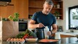 © Maryia - Home health management featuring shaker bottle, supplement routine and high protein foods for strength maintenance and healthy aging lifestyle.