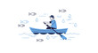 © Oke - Man rowing a boat on water with fish.