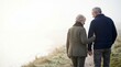 © Iuliia - Senior couple walking together on a foggy path with copy space background. Caucasian woman and man holding hands during romantic outdoor stroll. Retirement lifestyle, marriage bond and lifelong love