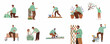 © Loro - Set of flat illustrations showing a man hiding and finding Easter eggs in various garden locations, featuring spring gardening activities and festive holiday preparations.