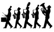 © Suriya - Silhouette of a marching band parading in a line. Group of musicians wearing performance uniforms, shako hats, and plumes while playing snare drum, saxophones, and a tuba on a plain background.