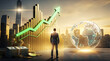 © NatureLens Asia - A businessman stands before a glowing upward graph and a digital globe, symbolizing global financial growth and economic success in a modern city skyline.