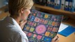 © Lyudmila Orhidea - Scientist Lab Coat Examining Colorful Mandala Chart Geometric Patterns Scientific Research Office