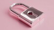 © Nurul - Gleaming, chrome padlock angled on a soft pink surface, its keyhole visible. Light reflects off the metal, creating highlights and shadows