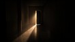 © Jiangcheng - ajar. A beam of light streaming through a doorway into a dark, empty corridor. real-estate listings, architecture portfolios, designed for interior renovation comparisons for interiors.