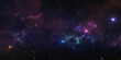 © RD Visuals - An abstract dark night sky illustration of deep outer space, featuring a bright cosmos galaxy filled with blue light, a starry nebula, distant planets, and brilliant supernova constellations