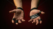 © Chopang.studio - Mental pressure concept with hands tied by ropes and fingers wrapped in black tape, symbolizing stress and emotional struggle in dark background