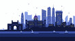 © angux - A pixel art cityscape with a prominent archway, a grand building, and modern skyscrapers, seen at twilight with sailboats on the water