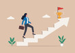 © Mst Amina - Career success for woman female leadership, goal achievement and business challenge gender equality concept, confidence businesswoman take small step walking up staircase with arrow pointing up