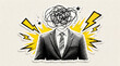 © Furkan - Pop Art Halftone Businessman with Chaotic Scribble Head Sticker Illustration, Workplace Stress and Mental Overload, Torn Paper Collage Element, Retro Magazine Style Graphic