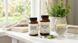 © Funster - Cognitive wellness blend and memory support supplement capsules with a glass of lemon water and green herbs.