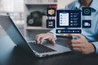 © Bussarin - Order fulfillment dashboard with inventory, checklist, shipment and delivery status on virtual interface above laptop, representing logistics tracking, warehouse operations and supply chain management