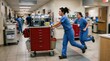 © Fiverr/fazilazia703 - Female nurses in blue scrubs running down a hospital corridor pushing a red emergency crash cart with medical equipment under bright clinical lighting during a high-urgency code blue situation.