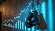 © happie - Leather boxing gloves hanging next to rising trend lines – Great for finance blogs, fighting spirit concepts, or corporate coaching.