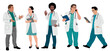 © Creative_Juice_Art - Set of doctors and medical professionals in white coats carrying tools walking communicating and working in modern healthcare illustration