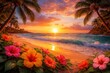 © Halina - Tropical beach sunset with palm trees ocean waves and vibrant hibiscus flowers glowing in golden light