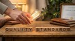 © Yuliia - Business professional holding glowing lightbulb over wooden blocks spelling QUALITY STANDARDS on desk with certificate and books in warm office setting.