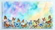© Yuliia - Watercolor butterflies and wildflowers on a pastel rainbow background, soft artistic border with copy space for cards and prints.