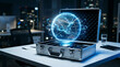© MYS Design - Holographic globe network emerging from a brief case, symbolizing global business technology and secure data exchange