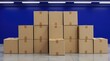 © Pete - Cardboard boxes stacked neatly inside warehouse with vibrant blue walls and bright overhead lights. They are arranged in symmetrical pattern, suggesting order and efficiency in logistics or storage.