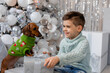© Tina kids photo - little boy plays with a dachshund dog near a Christmas tree