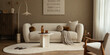 © FollowTheFlow - Minimalist living room interior showcasing a curved sofa, unique coffee table, abstract art, and warm, inviting tones