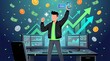 © Hasbian - Successful digital trader celebrates financial triumph from online investments and cryptocurrency, surrounded by falling cash and rising market trends. Illustration of wealth growth