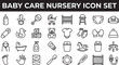 © MdSabbir - Baby care and nursery icon set featuring essential infant items in a clean minimalist line art style