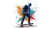 © ErianJendra - Skateboarder in dynamic pose with vibrant paint splatters.