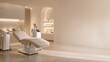 © MonkeyART - Luxury aesthetic beauty clinic interior with treatment bed and elegant copy space, medical spa, cosmetic dermatology, premium skincare wellness concept.