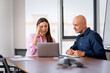 © gzorgz - Professional colleagues working project with laptop in a modern office with city view