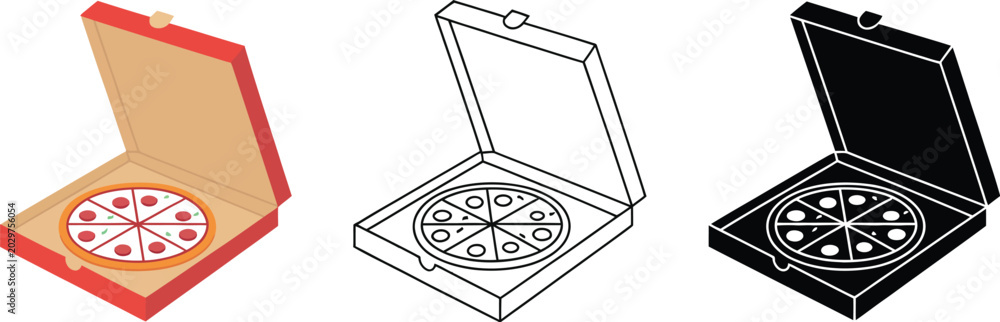 Pizza delivery icons, cartoon fast food symbols featuring sliced pizza ...