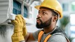 © 69 - Skilled technician in yellow safety helmet and gloves inspecting and servicing a modern wall-mounted air conditioning unit in a bright indoor setting