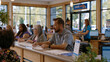 © Maksym - A wide shot of a community credit union branch on a busy morning, diverse clients filling out forms at low counters, staff assisting at desks, natural light from large front windows, perfect for cre