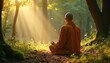 © Viktor - Buddhist monk sits in lotus pose meditating. Golden sunbeams pierce lush green forest canopy. Person finds inner peace and calm amidst nature, spiritual awakening.
