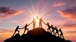 © 69 - Silhouetted group holding hands in unity and teamwork standing on mountain peak with sunset sky and radiant sunbeam background inspiring success and cooperation