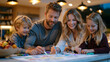 © Maksym - A family of four gathered around a kitchen island under warm pendant lights, breaking down a weekly grocery budget using a whiteboard and colored markers, a bowl of fresh summer fruit on the counter
