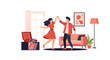 © Anna - Happy Couple Dancing in Living Room Listening to Music on Vinyl Record Player Flat Vector Illustration