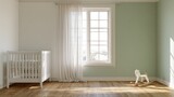 This space features a nursery with a white wooden crib, a rocking horse, and soft light from the window. The wall is pale green.