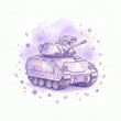 © ArmirAI - A pastel purple tank with a turret is surrounded by delicate flowers and stars on a white background.