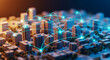 © susral - Abstract glowing network lines overlaying a modern miniature city model, perfect for smart infrastructure and tech concepts