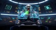 © sheikh1400 - Futuristic astronaut pilot sitting in a high tech spaceship cockpit with glowing holographic displays.